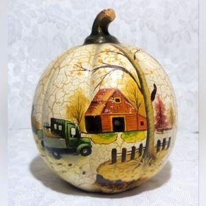 Rare Farmhouse White Pumpkin Crackle Paint Autumn Holiday Decor Green Truck Barn